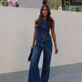 Women's dark blue denim set featuring a sleeveless vest and wide-leg trousers in a street style - S / Dark Blue Set