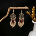 Ethnic boho feather tassel earrings with mandala disc in antique gold finish - Antique Gold Mandala Feather Multi-color Beads Tassel Style (E3735-5)