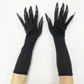 Detail of long black satin cosplay gloves featuring long sharp pointed resin claws - Black Long Nail Gloves