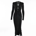Elegant black long-sleeve V-neck dress with waist ruched detail and front slit design - L / Standard / Black
