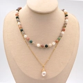 Double-layered beaded necklace with colorful natural stones and baroque pearl pendant - Maillard Necklace 2-Piece Set