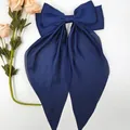 Dark blue oversized satin bow hair clip with long streamers and elegant vintage style - Navy Blue