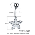 Silver stainless steel belly button ring with clear zircon flower and size specs - Steel Flower Star-JE0051
