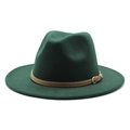 Detail view of dark green wool fedora with khaki leather strap and gold buckle - Dark Green