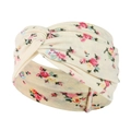 Detail of twisted beige yoga headband featuring a retro floral pattern and cotton texture - Beige Background Pink Yellow Blue Floral (16)
