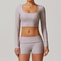 Haut court à manches longues côtelé lavande et ensemble de shorts de yoga taille haute - XL / Haut Et Bas / Lin (DCX8828)