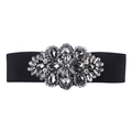 Elastic black waist belt featuring a large ornate crystal rhinestone floral buckle - Black Rhinestone