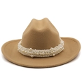 Detail of elegant camel wool fedora hat featuring a premium multi-layer white pearl band - M (56-58cm) / Camel