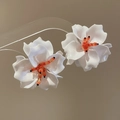 3D white resin flower earrings with vibrant orange beaded stamens and silver needles - Silver Earring Post Style (174#) / White