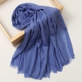 Lightweight blue cotton linen scarf with frayed edges on a wooden tray - 180*100cm / Royal Blue (TH39-3)