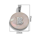 Detail of round shell letter B pendant in stainless steel with 32mm by 22mm measurements - Steel B
