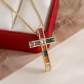 Elegant 18K gold-plated cross necklace with vibrant rainbow zircon gemstones for women - Multi-color Zirconia Style