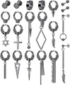 Set of black stainless steel earrings featuring cross, star, and feather pendant styles - Black Gothic Cross Long Chain Set (36037)