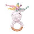 Handmade crochet unicorn baby rattle with rainbow mane and natural wooden teether ring - Unicorn