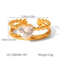 Double-layered gold ring featuring bead and twist textures with a heart zircon accent - Double Layer Textured Open Heart Clear Zirconia (HC-R30540-WT)