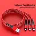 Red 3-in-1 nylon braided 5A fast charging cable with Lightning, Micro-USB, and Type-C - 1.2m 66W 5A Mesh (Bare Wire) / Red
