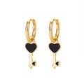 S925 silver needle heart key earrings in gold finish with black enamel inlays - Heart Key Pendant / Black/Gold