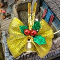 Christmas gold bell ornament with mesh bow, red berries and festive holly leaves - Style 44-Gold Large Mesh Bow Glowing Bell