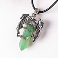 Green hexagonal crystal pendant with retro silver dragon wrap on black wax cord - With Leather Cord / Aventurine Jade