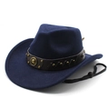Detail of navy wool fedora hat with brown leather rivet band and adjustable wind strap - M(56-58cm) / Navy Blue