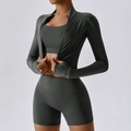 Completo yoga da donna 3 pezzi grigio antracite con giacca, reggiseno sportivo e pantaloncini - 10/M / Manica Lunga + Reggiseno + Pantaloncini Grigio Vulcanico