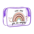 Borsa cosmetica in PVC trasparente con bordo viola, stampa arcobaleno e testo motivante - 002-Sei Fantastico Arcobaleno