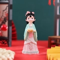 Chinese style girl figurine in pink and turquoise hanfu holding a book, resin desk ornament - 1003-26 Small Reading Book