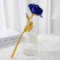 Single 24k gold foil blue rose with golden stem displayed on a lace tablecloth - Gold Foil Rose - Blue