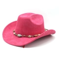 Detail of rose red suede cowboy hat with shell and bohemian beaded decorative band - Rose Red