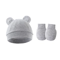 Close-up of baby hat with round ears and anti-scratch mittens set in grey marl knit - Hat And Gloves / Gray