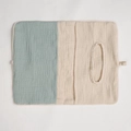 Detail of soft cotton baby crib hanging bag featuring mint green and beige fabric textures - Bean Green + Solid Color