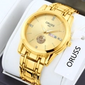 Golden quartz men's watch with sailboat motif dial and stainless steel gold chain strap - Gold Dial Gold Band