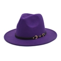 Classic dark purple wool fedora hat with black leather belt buckle and gold metal hardware - M (56-58cm) / Purple