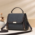 Borsa a mano blu-grigio minimalista con manici marroni, motivo geometrico e dettagli dorati - Nero/Griglia