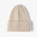 Minimalist beige ribbed knit beanie for women featuring a warm foldable wide cuff design - Beige (20B119B)