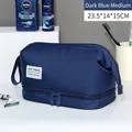 Dark blue travel toiletry bag with dry-wet separation and double zippers, 23.5x14x15cm - Medium / Navy Blue