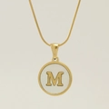 18K gold plated snake chain necklace with round shell pendant featuring letter M - Letter M