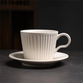 Retro beige ceramic coffee cup and saucer set with vertical striped texture design - 250 Medium Striped Roll Cup + Saucer (white) 300ml / Universal