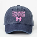 Navy denim baseball cap with pink Very Demure print and bow detail in a classic 6-panel style - One Size / Navy Blue