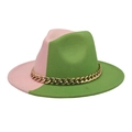 Elegant two-tone pink and green wool fedora hat with decorative gold chain strap - Pink+Fruit Green