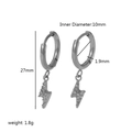 Silver stainless steel hoop earrings with crystal lightning bolt pendants and size specs - Lightning Style (TE6342-S)