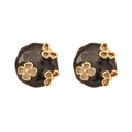 Retro black enamel round stud earrings with golden hollow flower details for women - Black