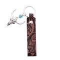 Western boho keychain with embossed brown leather strap and silver bull head charm - Floral Cow Skull / Brown Leather