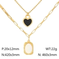 Double-layered gold necklace with black heart and white shell pendants in vintage style - Gold (KN230221-KFC)