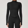 Slim fit black yoga set with stand collar zipper jacket and thumbhole cuffs - S / Premium Black