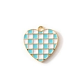 Light blue and white checkered heart pendant with gold plated metal finish and enamel - Blue Gold Plated