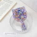 Cat-shaped acetate hand mirror featuring purple and blue tortoiseshell patterns - Metallic Purple