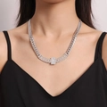 Silver chunky chain necklace featuring a rectangular diamond-studded sugar cube pendant - Silver White Shell Necklace (P284)