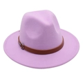 Detail of lavender wool fedora hat featuring a brown leather belt with silver metal buckle - Taro Purple