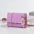 Chic purple woven tote bag with gold chain strap and pearl butterfly charm accent - With Pendant / Small / Purple